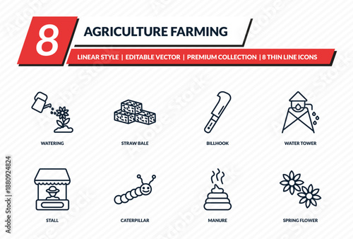 agriculture farming icons set - watering, straw bale, billhook, water tower, spring flower outline vector collection.