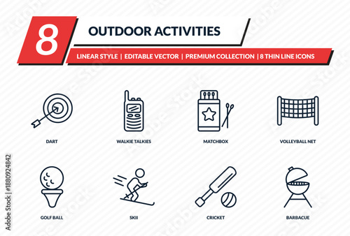outdoor activities icons set - dart, walkie talkies, matchbox, volleyball net, barbacue outline vector collection.