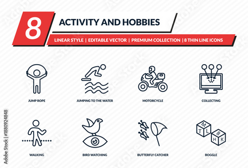 activity and hobbies icons set - jump rope, jumping to the water, motorcycle, collecting, boggle outline vector collection.