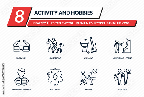 activity and hobbies icons set - 3d glasses, horse riding, cleaning, mineral collecting, hang out outline vector collection.