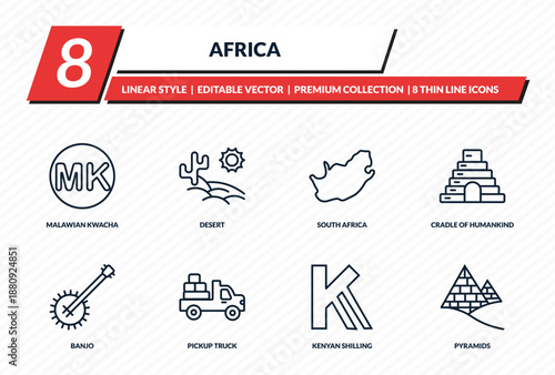africa icons set - malawian kwacha, desert, south africa, cradle of humankind, pyramids outline vector collection.