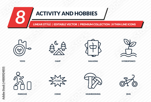 activity and hobbies icons set - yoyo, camp, mahjong, hydroponics, bmx outline vector collection.