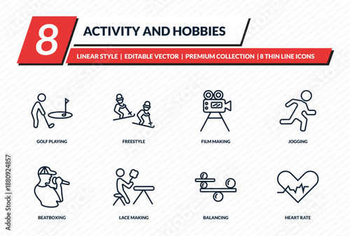 activity and hobbies icons set - golf playing, freestyle, film making, jogging, heart rate outline vector collection.