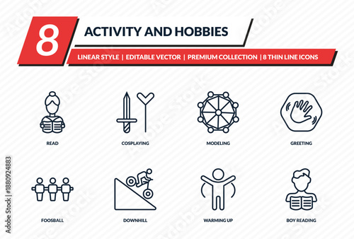 activity and hobbies icons set - read, cosplaying, modeling, greeting, boy reading outline vector collection.