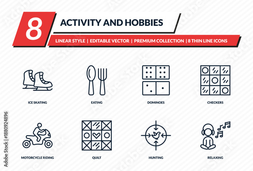 activity and hobbies icons set - ice skating, eating, dominoes, checkers, relaxing outline vector collection.