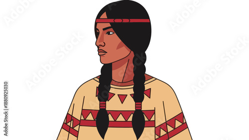 Native American Woman Vector Illustration, Portrait, Indigenous Culture, Flat Design, Graphic