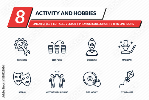 activity and hobbies icons set - repairing, beer pong, ballerina, magician, flying a kite outline vector collection.