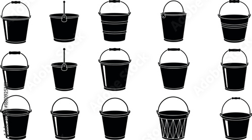 Black Bucket Silhouettes Icon Set Featuring Various Metal and Plastic Pail Designs for Cleaning Gardening Construction and Industrial Equipment Illustration