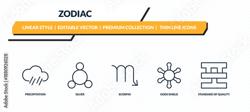 zodiac icons set - precipitation, silver, scorpio, gods shield, standard of quality outline vector collection.