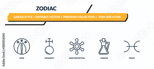 zodiac icons set - hope, antimony, gods protection, vinegar, pisces outline vector collection.