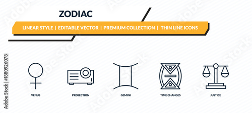 zodiac icons set - venus, projection, gemini, time changes, justice outline vector collection.