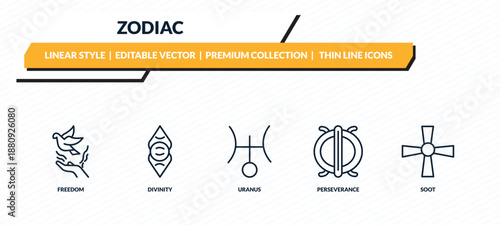zodiac icons set - freedom, divinity, uranus, perseverance, soot outline vector collection.