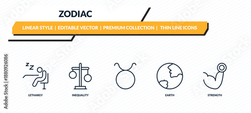 zodiac icons set - lethargy, inequality, , earth, strength outline vector collection.