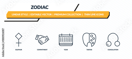 zodiac icons set - sulphur, commitment, year, tartar, coagulation outline vector collection.