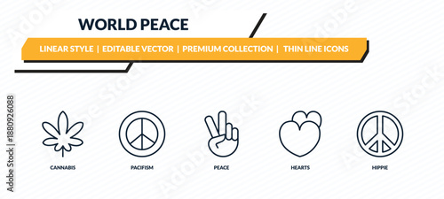 world peace icons set - cannabis, pacifism, peace, hearts, hippie outline vector collection.