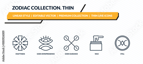 zodiac collection. thin icons set - craftiness, gods omnipressence, gods guidance, wax, still outline vector collection.