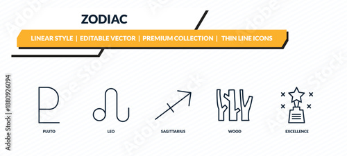 zodiac icons set - pluto, leo, sagittarius, wood, excellence outline vector collection.