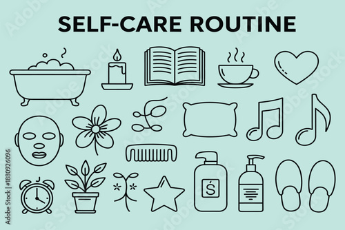 self-care doodle icons, hand-drawn illustration of self-care routine including bathtub, candle, book, teacup, heart, face mask, pillow, music note, slipper, and lotion for wellness and relaxation.