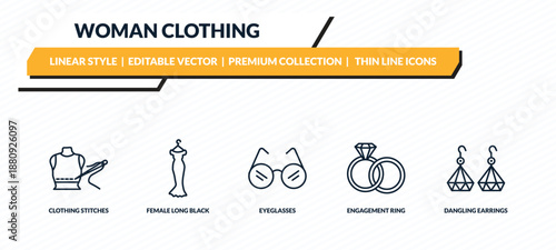 woman clothing icons set - clothing stitches, female long black dress, eyeglasses, engagement ring, dangling earrings outline vector collection.