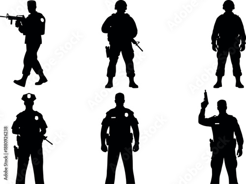 Black Silhouette Vector Illustrations of Law Enforcement Officers and Military Soldiers in Various Tactical Poses with Firearms and Uniform Gear