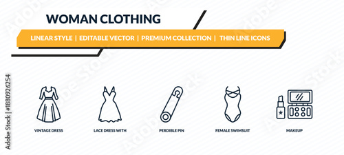 woman clothing icons set - vintage dress, lace dress with belt, perdible pin, female swimsuit, makeup outline vector collection.