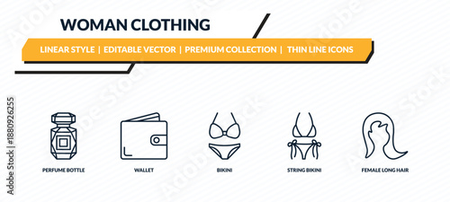 woman clothing icons set - perfume bottle, wallet, bikini, string bikini, female long hair outline vector collection.