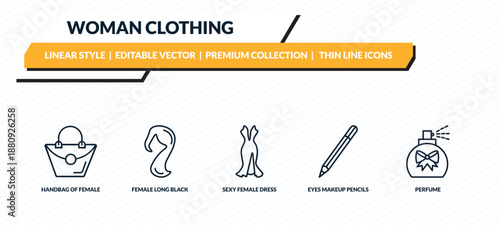 woman clothing icons set - handbag of female, female long black hair, sexy female dress, eyes makeup pencils, perfume outline vector collection.
