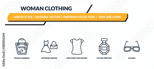 woman clothing icons set - female handbag, feminine fashion, polo shirt for women, stylish perfume bottle, glasses outline vector collection.