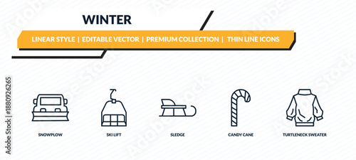 winter icons set - snowplow, ski lift, sledge, candy cane, turtleneck sweater outline vector collection.
