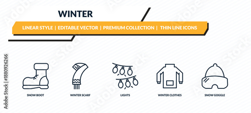 winter icons set - snow boot, winter scarf, lights, winter clothes, snow goggle outline vector collection.