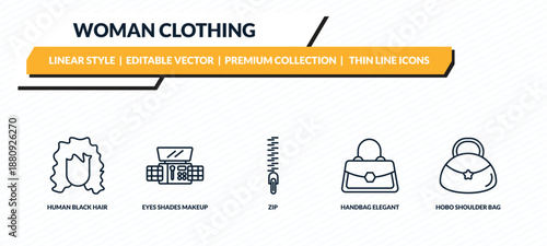 woman clothing icons set - human black hair, eyes shades makeup, zip, handbag elegant, hobo shoulder bag outline vector collection.