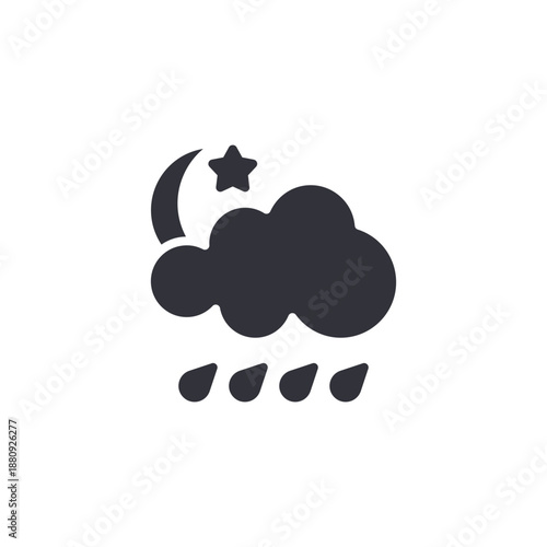 Night weather icon showing crescent moon, clouds, and raindrops, symbolizing rainy night forecast, evening showers, and stormy nighttime atmosphere.