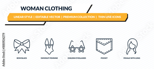 woman clothing icons set - bow black, swimsuit feminine, childish eyeglasses, pocket, female with long hair outline vector collection.