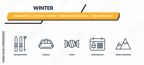winter icons set - ski equiptment, goggles, candy, christmas day, snowy mountain outline vector collection.