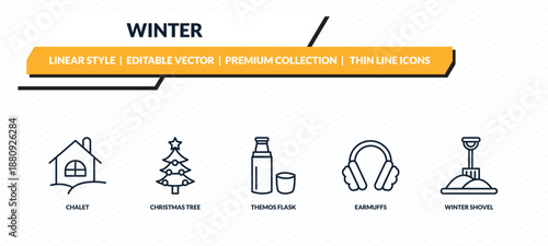 winter icons set - chalet, christmas tree, themos flask, earmuffs, winter shovel outline vector collection.