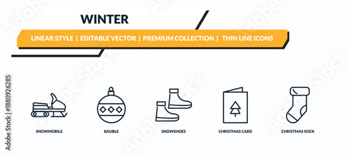 winter icons set - snowmobile, bauble, snowshoes, christmas card, christmas sock outline vector collection.