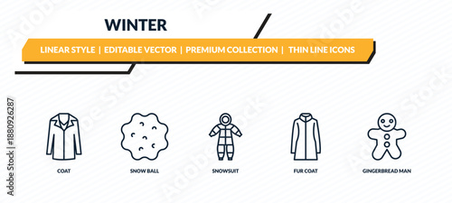 winter icons set - coat, snow ball, snowsuit, fur coat, gingerbread man outline vector collection.