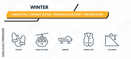 winter icons set - mittens, cable car cabin, bobsled, anorak vest, avalanche outline vector collection.