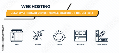 web hosting icons set - raid, feature, uptime, mockup de, color scheme outline vector collection.