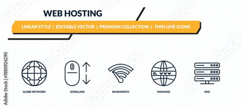 web hosting icons set - globe network, scrolling, bandwidth, domains, dns outline vector collection.