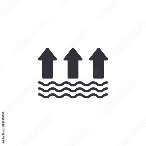 Flood warning icon with upward arrows above water waves, representing rising water levels, flood risk, climate change impact, and emergency alert.