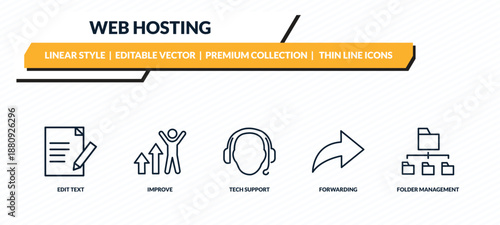 web hosting icons set - edit text, improve, tech support, forwarding, folder management outline vector collection.