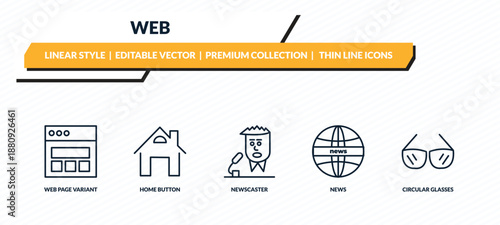 web icons set - web page variant, home button, newscaster, news, circular glasses outline vector collection.