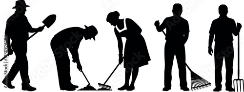 Black Silhouettes of Professional Gardeners and Farmers Working with Shovels Rakes and Pitchforks Isolated on White Background for Landscaping Design
