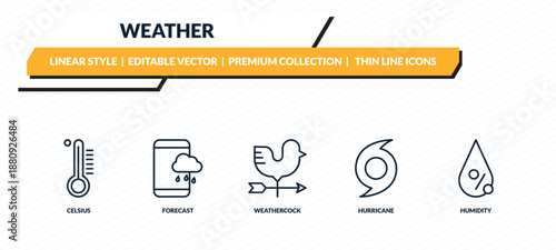 weather icons set - celsius, forecast, weathercock, hurricane, humidity outline vector collection.