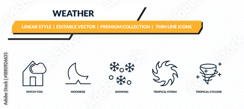 weather icons set - patchy fog, moonrise, snowing, tropical storm, tropical cyclone outline vector collection.