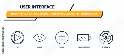 user interface icons set - play, visible, equal, charging status, spider web outline vector collection.