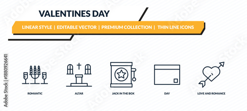 valentines day icons set - romantic, altar, jack in the box, day, love and romance outline vector collection.
