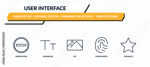 user interface icons set - subtraction, lowercase, pic, finger prints, favourite outline vector collection.