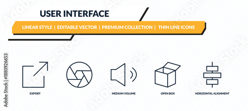 user interface icons set - export, , medium volume, open box, horizontal alignment outline vector collection.
